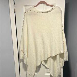 Elegant Cream Sweater Poncho with Pearl Accents